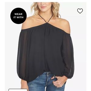 1. STATE L black off the shoulder top with halter neck
